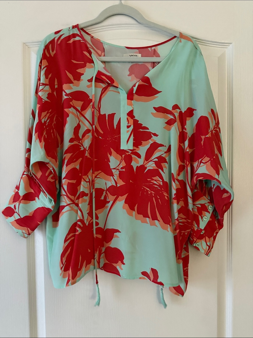 Tyler Boe Mint Blouse with Red Floral Print and Split Neck